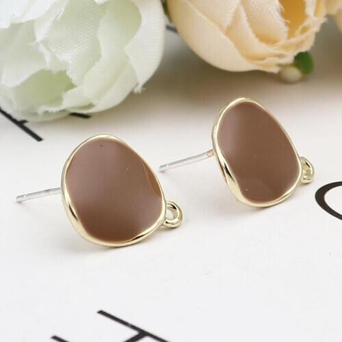 2Pairs Fashion Ear Post Stud Earrings Handmade DIY Findings Irregular Gold Color Khaki Round Enamel Jewelry15mm x 12mm