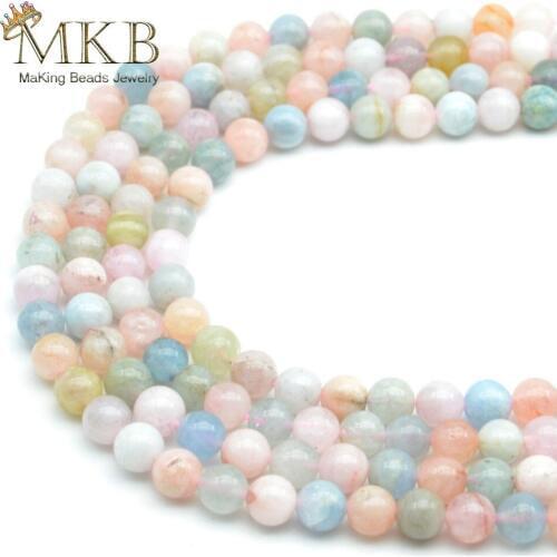 Natural Stone Beads Smooth Morganite Round Beads For Jewelry Making 4 6 8 10 12mm Gem Perles Diy Bracelet Necklace Wholesale