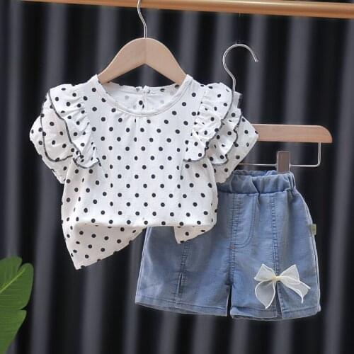 New Summer Children Casual Suit Baby Girls Full Printe Dots Cartoon T Shirt Denim Shorts 2Pcs/set Kids Infant Fashion Sportswear