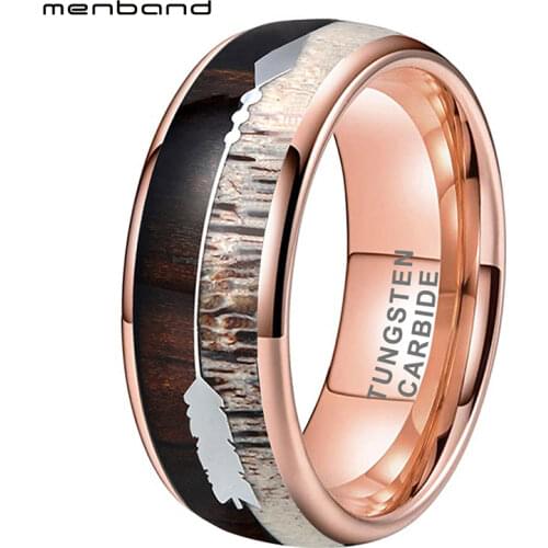 Rose Gold Wedding Band Men Women Tungsten Antler Ring With Zebra Wood Antler Arrows Inlay 8MM Comfort Fit