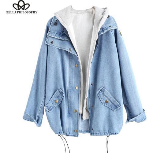 Bella Philosophy autumn winter Button Up Ladies Denim Women Jacket with Hooded 2 Piece 3XL Female Jean Plus Size Women Coat