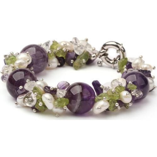 Chunky purple Crystal STONE, Crystal, Peridot and FreshWater Pearl Bracelet