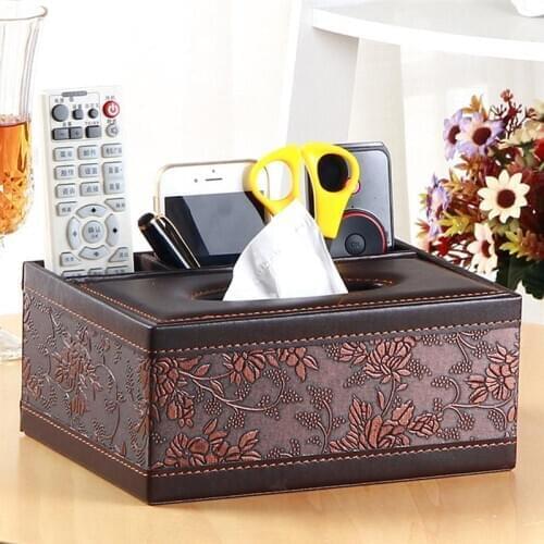 Multifunctional Desktop Organizer Holder Pencil Scissor Container PU Leather Tissue Box(Black)