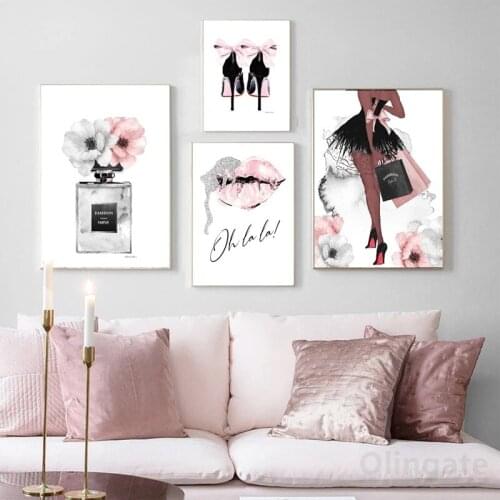Perfume Lips Poster Nordic Print High Heels Canvas Painting Fashion Woman Wall Art Pictures for Living Room Home Decoration Gift