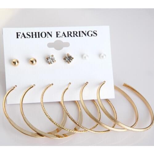 6 Pairs/Set Fashion Large Circle Earrings Set Pearl Rhinestone Crystal Stud Hoop Dangle Earrings For Women Charm Brincos Jewelry