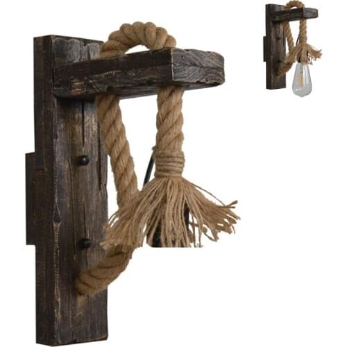 E27 American Style Pastoral Hemp Rope Vintage Wooden Wall Lamp(Without Bulb) D0AD