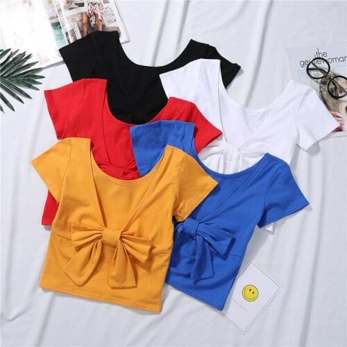 2021 New Bowknot Exposed Navel Short-sleeved T-shirt High Waist Short Jacket Leaking Navel Tight Backless Sexy