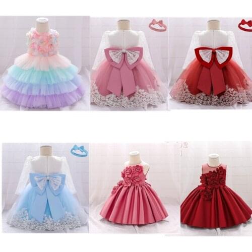 Flower Sleeveless Princess Dress For Baby Girls Summer Bow Layered Pink Red Blue Mesh Ball Gown Wedding Birthday Cloth For Kids