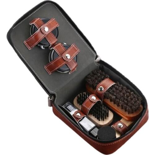 Professional leather shoes care tools 9 pieces, horse hair brush, black shoe polish, sponge brush, shoe polisher, shoehorn, cle