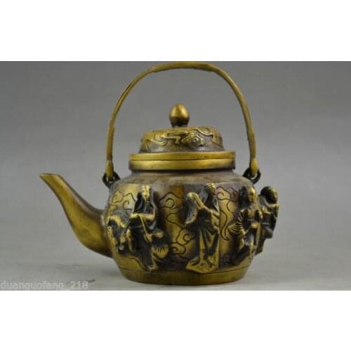 Rare Old Handwork Copper Carving Lifelike 8 Immortal Auspicious Usable Tea Pot