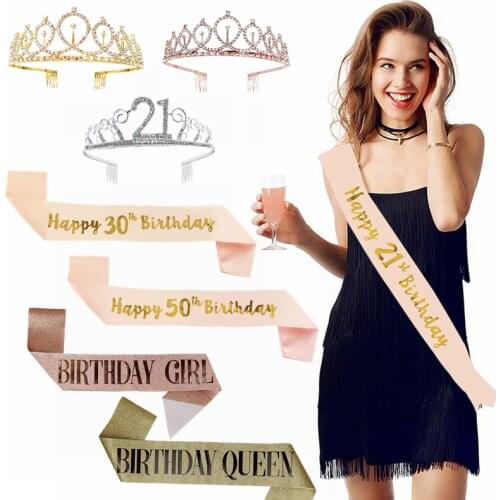 Happy Birthday 18 21 30 50 Rose Gold Satin Sash with Silver Crystal Crown Decoration Adult Girls Birthday Party Favors Supplies