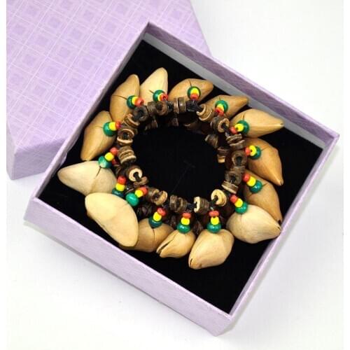 Vintage Handmade Wooden Bracelet Nut Shells Rattles Bells Tambourine Crisp Sound