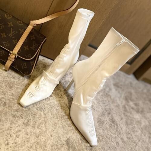 OLOMLB Womens Pointy Toe Silk Satin Embroidery Words Ankle Boots Stretchy Stilettos High Heel Shoes Black White Sexy New 2020