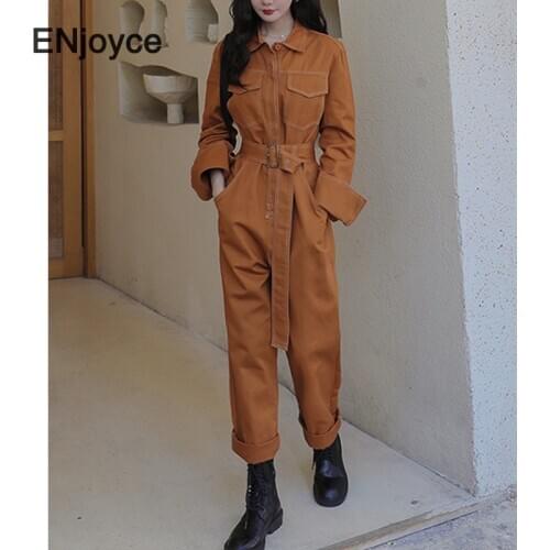 Women 2020 High Street Quality Jumpsuits Brown Color Spring Fall Ankle-length Handsome Korean Stylish Loose Jumpsuits with Belt
