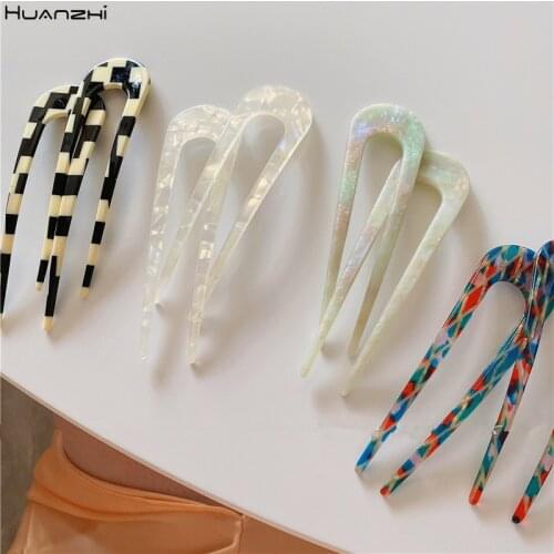 HUANZHI 2021 Korean Colorful Trendy Resin Geometric U Shape Fork Hairpins Headwear Accessories for Women Girls Hair Style Make