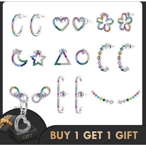 Bisaer Genuine 925 Sterling Silver Sparkling RainbowGalaxy Stud Earring for Women Party Fine Jewelry Gift ECE1014