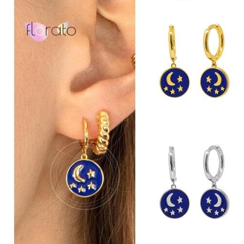 925 Sterling Silver Ear Buckle Painting Hoop Earrings Moon and Star Earrings for Women Night Sky Round Dangle Earrings Jewelry