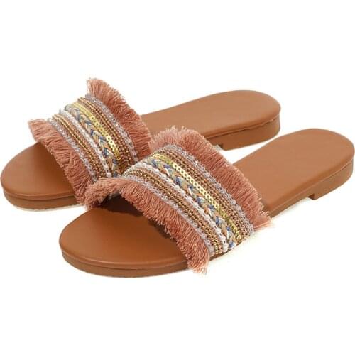 Summer New Comfortable Women Flats Slippers Plus Size 35-43 Tassel Outdoor Slides Female Shoes Casual Flats Mules Ladies Sandals
