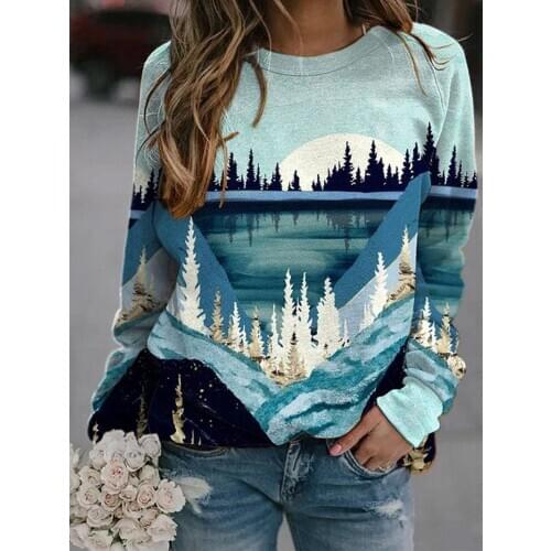 Womens Hooded Bodywear Autumn Long Sleeve Top Landscape Reflection Printing Round Neck Casual Loose Fashion Womens Top