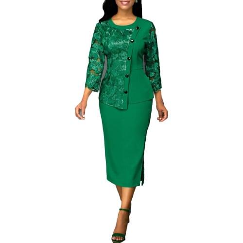 Summer Autumn Two Piece Set Women 2021 Elegant Sexy Lace Hollow Out Shirt Casual Plus Size Slim Split Office Bodycon Skirts 5XL