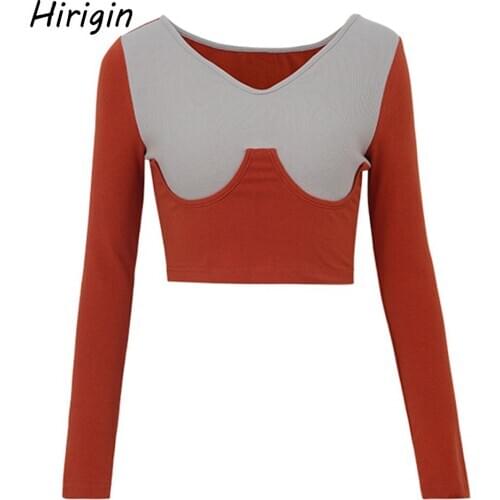 Sex Gothic Punk Female Patchwork Crop Tops 2020 Summer Black Orange Long Sleeve V Neck Short Stretch Tops basic Pullover T-Shirt