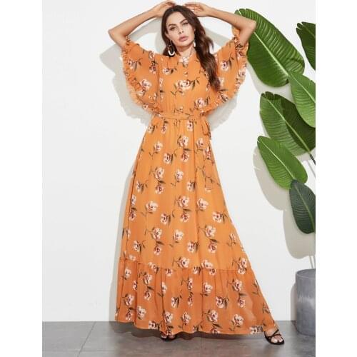 Printed Bohemian Maxi Dress Lace Up Muslim Abaya Islamic Dubai Arabic Morocco Robe Women Summer Slash Neck Lining Inside Vestido