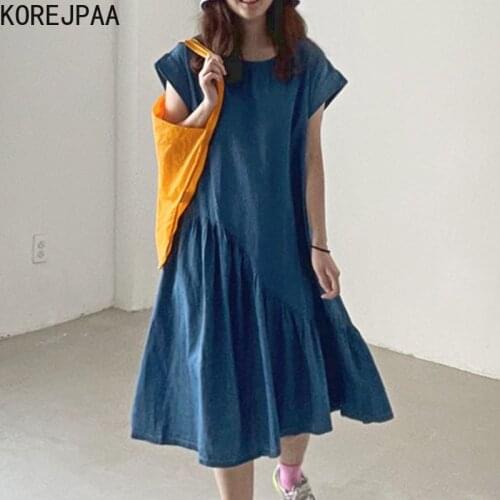 Korejpaa Women Dress 2021 Summer Korean Fashion Elegant Retro Round Neck Loose Casual Design Long Hem Irregular Ruffle Vestidos