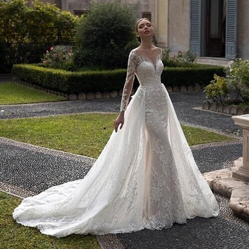GY Elegant Ivory Illusion Scoop Neckline Mermaid Lace Appliques Wedding Dress New Arrival Detachable A-Line Skirt Bridal Gown