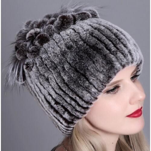 Winter rabbit fur hats for women natural rabbit fur flower fluffy fox hat caps stylish warm knitted genuine female fur hats