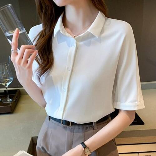 Summer short sleeve blouses white chiffon blouse women button up shirt ladies casual tops career interview formal shirts tunics