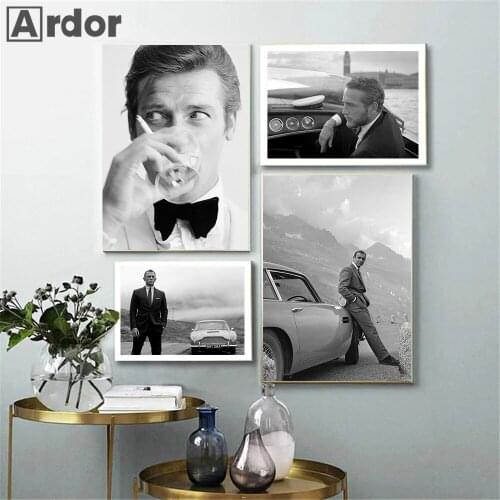 Bond Cars Movie Canvas Print Gentleman Spy Movie 007 Painting Black And White Wall Art Poster Pictures Modern Living Room Decor