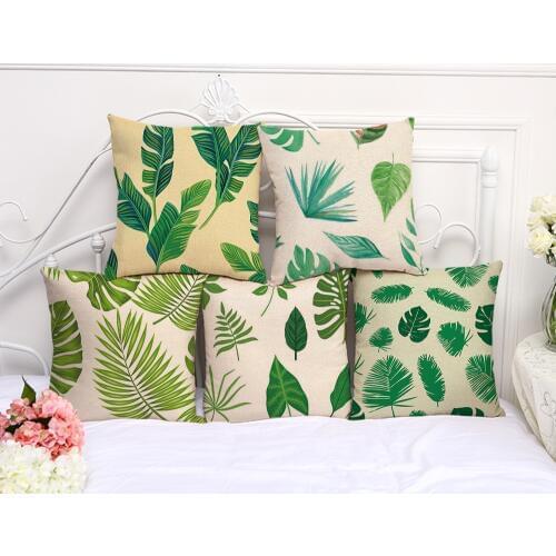 Decorative Pillow Case Green Plant Leaf Pattern Pillowcase 17.5 Inches Cotton Linen Chair Seat Throw Pillow Cover P1041