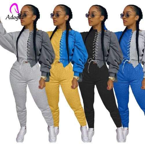 Fitness Two Piece Set Autumn Clothes for Women Color Block Spliced Stacked Long Sleeve Crop Top+sporty Jogger Trouser Sweatsuits