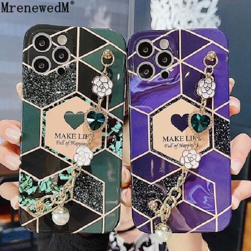 Luxury Marble Soft Silicone Phone Case For iPhone 12 11 Pro XR XS Max Mini 7 8 Plus SE2 Color Splic Pattern Pearl Bracelet Cover