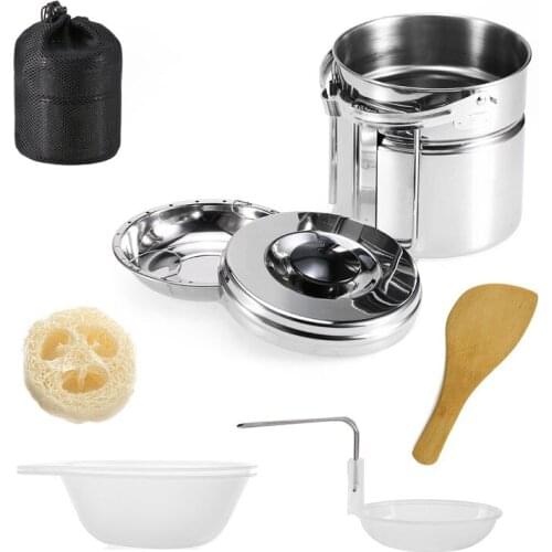 Outdoor Camping Pot Set 304 Stainless Steel Hanging Pot Set Camping Pot Bowl Soup Spoon Natural Loofah Sponge Hanging Pots