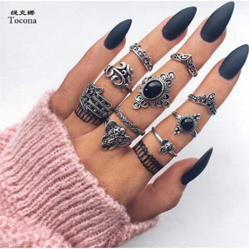 Tocona 10pcs/Set Bohemia Antique Silver Color Elephant Flower Heart Crown Carved Rings Set Knuckle Rings for Women Jewelry 4561