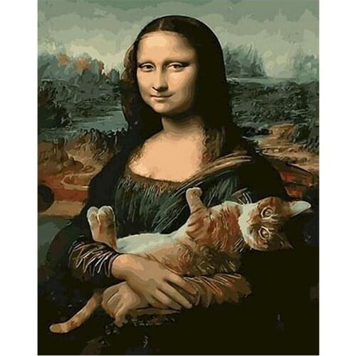 PhotoCustom Oil Paint By Numbers Kits Mona Lisa And Cat Painting By Numbers On Canvas Frame 60x75cm Hand Painting DIY Home Decor