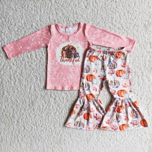 Fall Winter Kids Clothing Pumpkin Print Pink Long sleeved Top And Flared Pants Suit Childrens Clothes