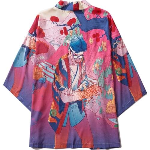 Casual Man Loose Polyester Top Clothing Men Women Pink Cardigan Yukata Shirts Summer Haori Japanese Style Anime Kimono Jacket