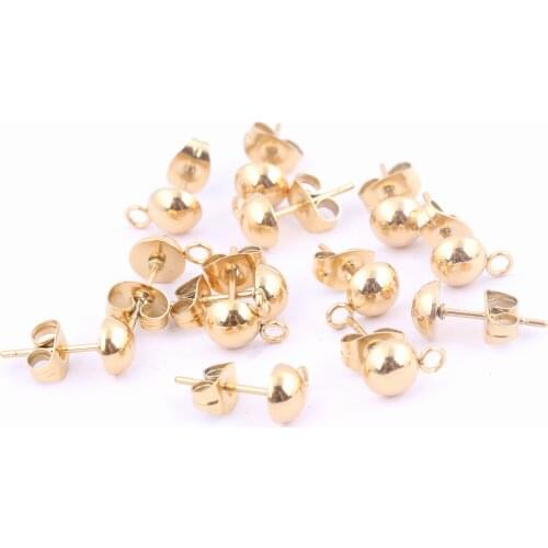 20pcs Gold Plated 6mm Half Ball Earring Posts With Loop Stainless Steel Diy Ear Connectors For Jewelry Making Supplies