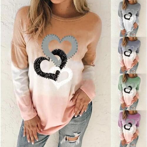 5xl Plus Size Tie-Dye Print Shirt Women Heart Printing Casual Blouse O-Neck Long Sleeve Spring Tunic Tops WomenS Clothing кофта