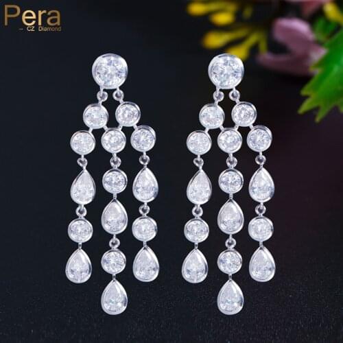 Pera Perfect Sparkling CZ Stone Bezel Settings Silver Color Long Hanging Round and Waterdrop Dangle Earrings for Ladies E790