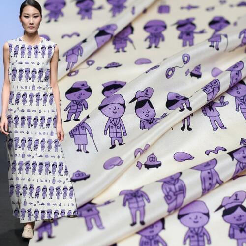 PearlSilk Store Cartoon character Beige bottom little man printed silk Crepe de Chine fabric silk scarf fabric Free shipping