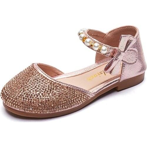 Girlss Leather Shoes 2021 Summer Pearl Bow Rhinestone Princess Shoes Soft Sole Flats Fashion Chic Kids Shoes for Wedding new