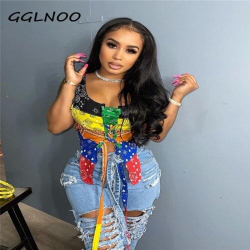 GGLNOO Vintage Print Sleeveless Irregular Tshirt Top Sexy Casual Lace Up Bandage Tee Top Streetwear Ladies Summer Party Club