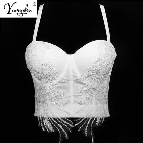 Sexy White mesh Sequin corset crop top women summer halter bustier Party y2k tank top Push Up bra clubwear Cropped womens tops