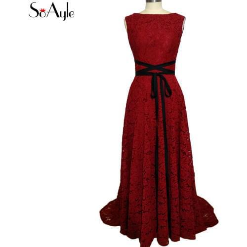 SoAyle A-Line Round Neck Lace Burgundy Ribbon Sashes Prom Dresses for Women Engagement Marriage Dress 2018 New Style Dubai Dress