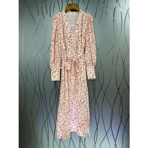 Floral Print V-Neck Womens Midi Dress 2021 Spring Summer Long-Sleeved Slim Waist Lace-Up Long Dresses for Holiday