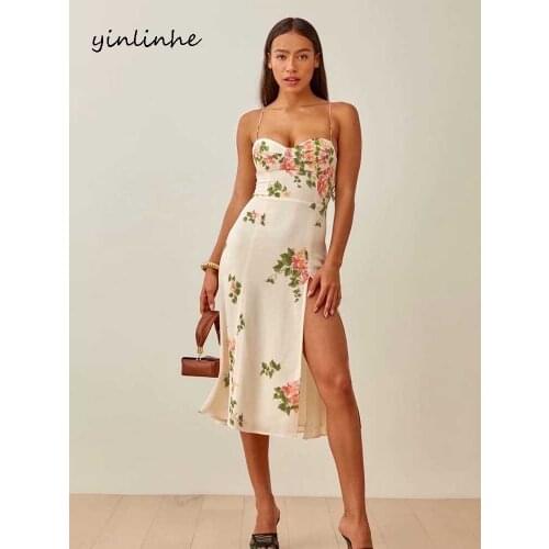 Yinlinhe White Floral Tied Braces Dress Women Heart Collar Sexy Summer Dress Backless High Waist Split Long Dresses French 2161
