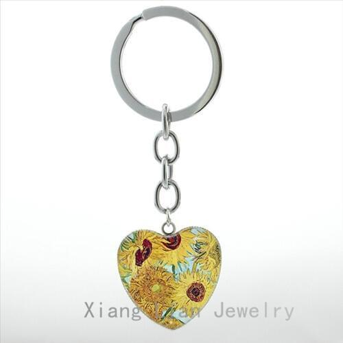 Famous artist Vincent Van Gogh Sunflowers artwork heart pendant keychain vintage watercolor painting photo key chain ring HP108